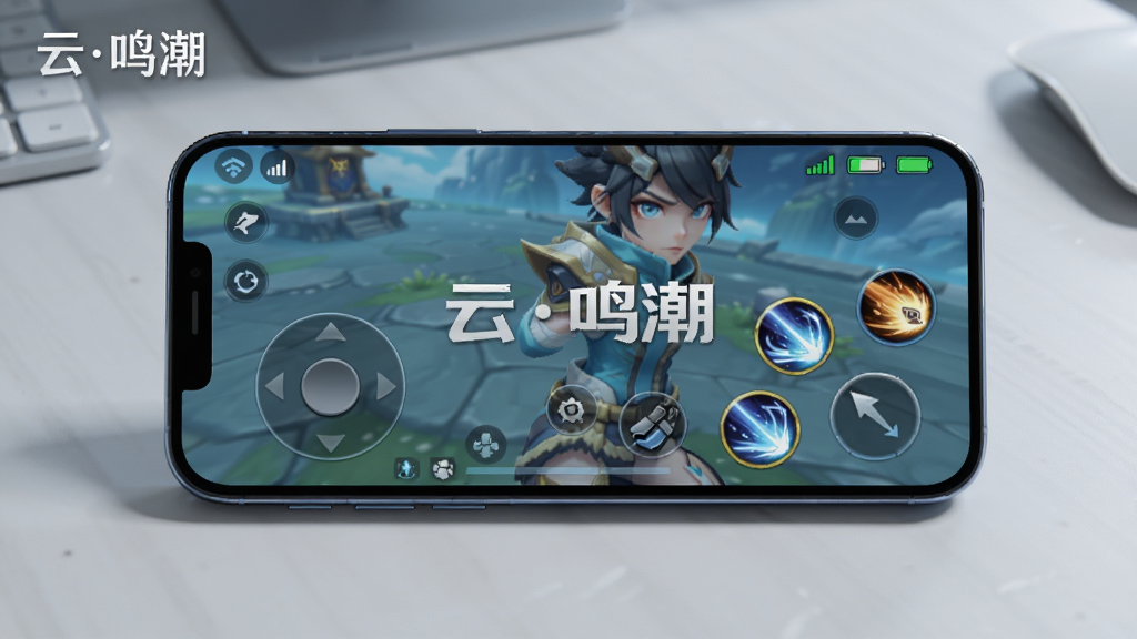 一部手机横屏显示云游戏操作界面,画面中有虚拟摇杆和技能按钮,旁边有网络信号图标和电量图标,背景是简洁的桌面,风格写实,高画质,干净,无多余元素,图片中打上文字“云鸣潮”。