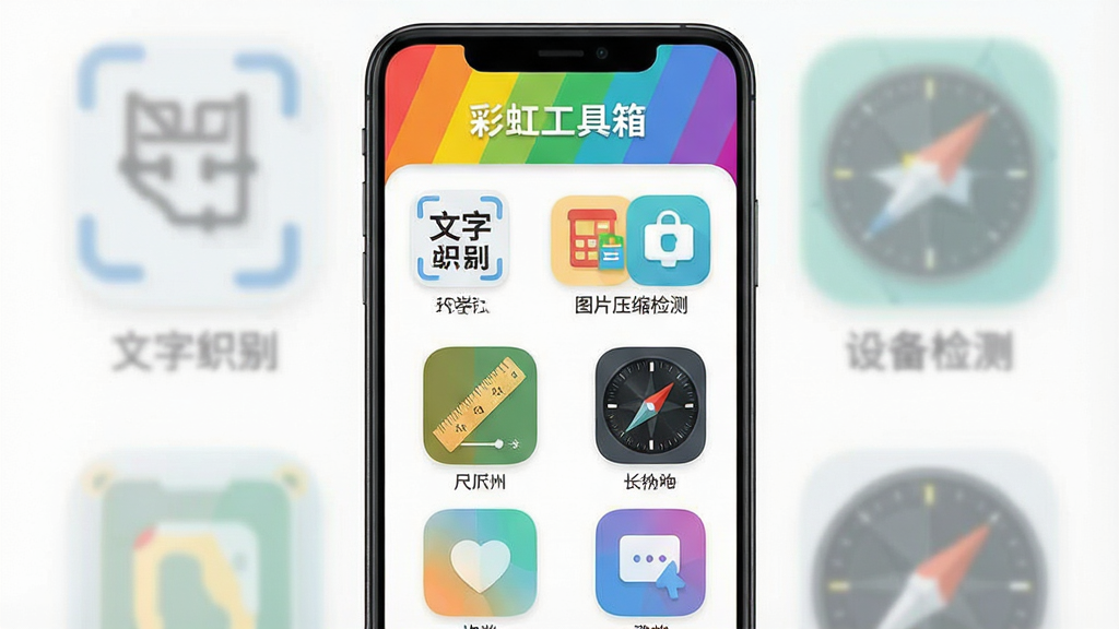 一张展示彩虹工具箱手机应用主界面的详细图片,主体是一个竖直放置的安卓手机,屏幕上显示着彩虹工具箱的软件界面,界面顶部有彩虹色渐变标题栏并写着“彩虹工具箱”字样,中间区域整齐排列着各种功能图标,如文字识别、图片压缩、设备检测、尺子、指南针等,布局采用网格状排版,风格为现代扁平化设计,色彩清新明亮,细节上图标圆润、间距舒适,画质清晰锐利,干净无多余元素