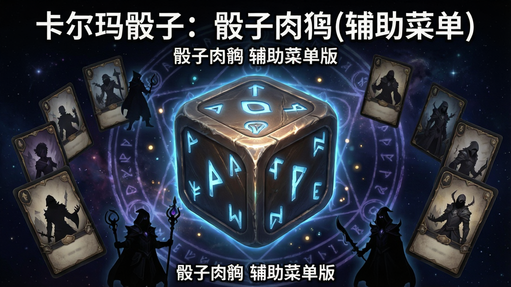 画面中央放置一枚发光的巨大骰子,骰子表面刻有神秘符文,骰子周围环绕着卡牌与角色剪影,背景是深邃的星空与魔法阵,布局采用居中对称构图,上方标题文字写