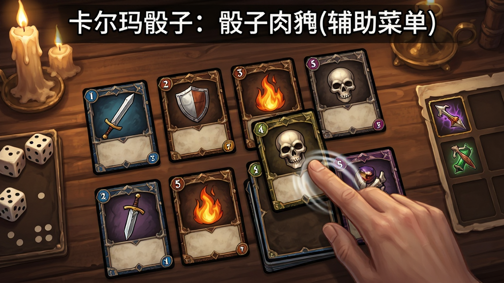 画面展示卡牌构筑界面,桌面上散落着多张卡牌,卡牌上分别画着剑、盾、火焰、骷髅等图标,玩家手指正拖动一张卡牌放入牌组,背景是木质桌面与烛光,画面左侧有骰子点数显示,右侧有遗物栏,整体风格为复古奇幻插画,细节包含卡牌边框纹理、卡牌稀有度颜色区分、手指拖拽的动态感,画质高清,画面干净,无多余元素,图片上方写