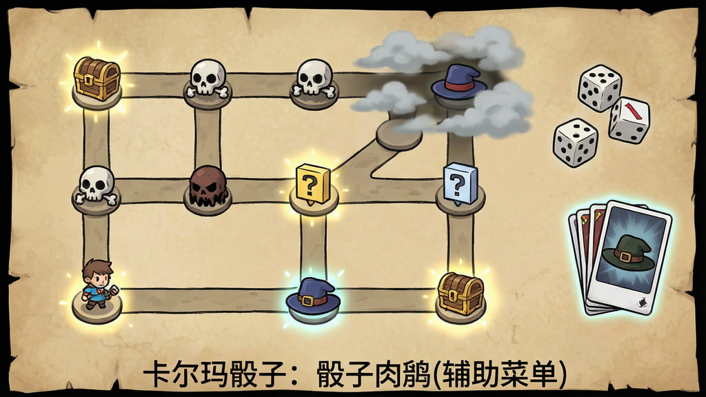 画面展示一张随机生成的肉鸽地图,地图由多个节点连接而成,节点图标包括宝箱、骷髅头敌人、问号事件、商人帽子,地图背景是羊皮纸质感,主角小人站在起点位置,画面右侧悬浮着骰子与卡牌面板,整体风格为手绘卡通,细节包含路线分叉、迷雾遮挡区域、节点发光效果,画质清晰,画面干净,无多余元素,图片下方写