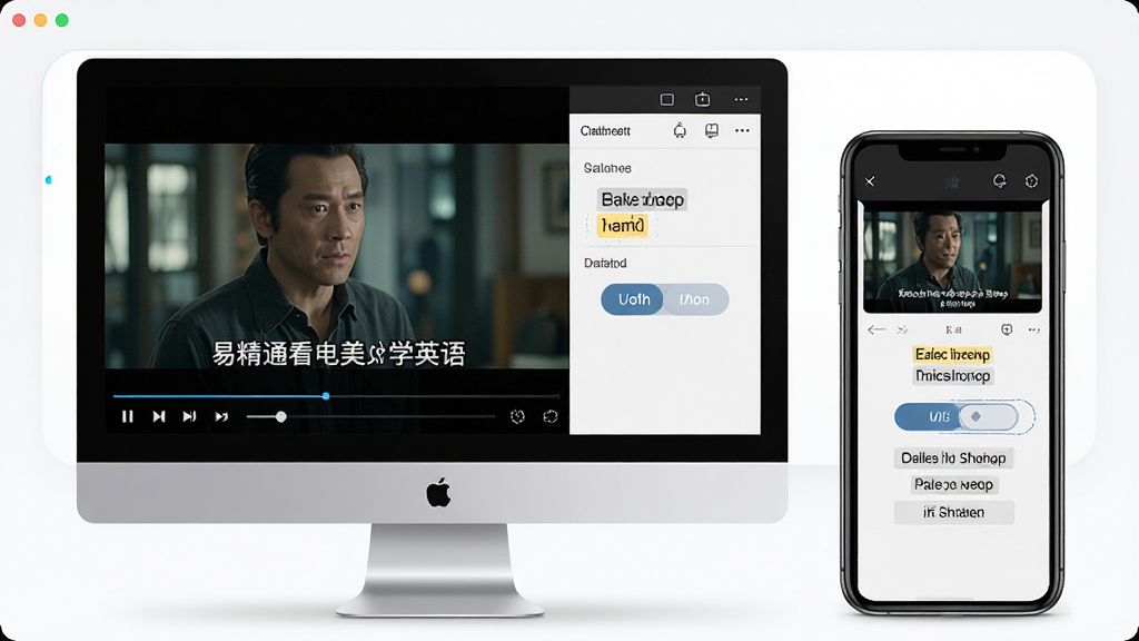 一张展示易精通看电影美剧学英语软件主界面的图片,主体为电脑屏幕和手机屏幕并排展示,屏幕上呈现电影播放画面与英语字幕学习面板,布局居中,排版整齐,风格现代简约科技感,细节包括播放控制条、单词高亮、双语字幕切换按钮,画质高清,干净,无多余元素