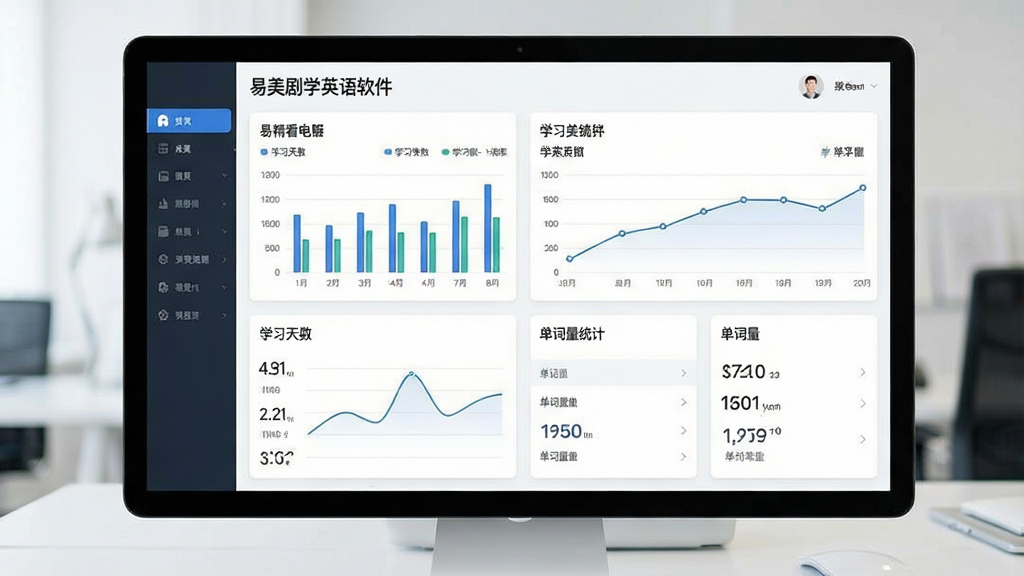 一张展示易精通看电影美剧学英语软件学习数据统计页面的图片,主体为数据仪表盘界面,布局为卡片式排列,排版规整,风格简约商务,细节包括柱状图、折线图、学习天数、单词量统计,画质高清,干净,无多余元素,图片中文字“易精通看电影美剧学英语软件”