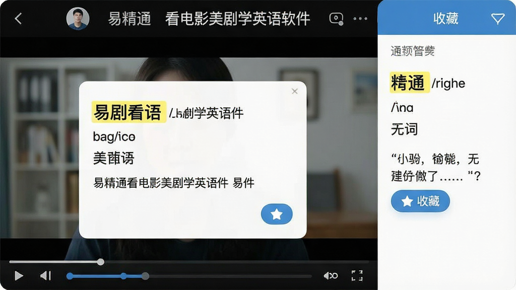 一张展示易精通看电影美剧学英语软件智能查词功能的图片,主体为视频播放界面与单词释义弹窗,布局为左侧视频右侧释义面板,排版整洁,风格清爽学习风,细节包括高亮单词、音标、中文释义、例句、收藏按钮,画质高清,干净,无多余元素,图片中文字“易精通看电影美剧学英语软件”