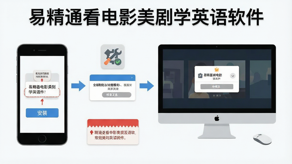 一张展示易精通看电影美剧学英语软件安装步骤与常见问题解决流程的图片,主体为手机和电脑并排操作示意图,布局为分步流程图,排版清晰,风格扁平化教程风,细节包括安装按钮、权限弹窗、错误提示框、修复工具图标,画质高清,干净,无多余元素,图片中文字“易精通看电影美剧学英语软件”