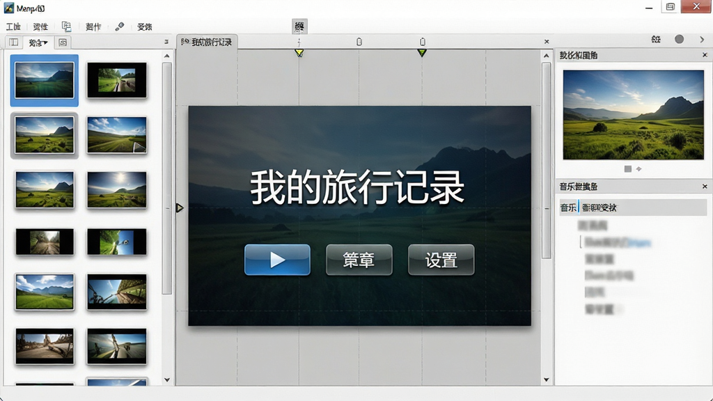 DVD菜单模板设计界面,画面显示软件中的菜单编辑窗口,左侧是模板缩略图列表,中间是正在编辑的DVD菜单预览,菜单上有