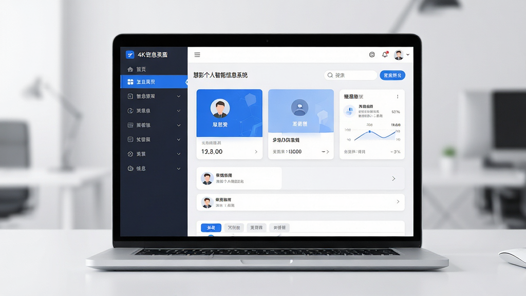 软件主界面全景展示,主体为一台打开的笔记本电脑屏幕,屏幕上显示“慧影个人智能信息系统”的卡片式信息流与左侧导航栏,布局清晰分为导航区、内容区与标签区,排版采用现代扁平化设计,风格为简约商务科技风,细节包括蓝色高亮选中状态、圆形头像图标、搜索框与折叠面板,画质为4K超清,干净无多余元素