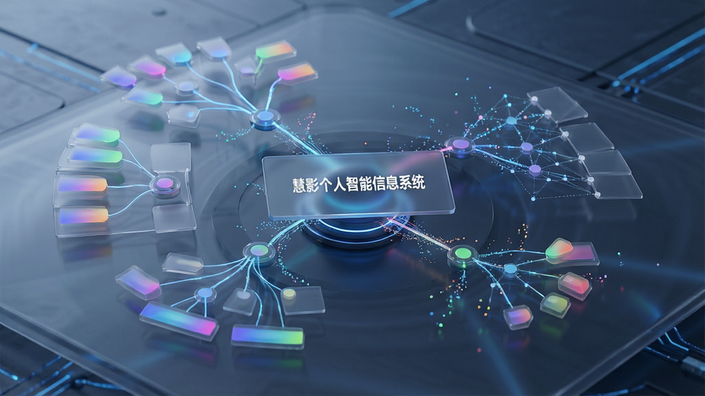 智能信息归类功能界面,主体为悬浮在空中的半透明数据卡片,卡片上标注“慧影个人智能信息系统”字样,布局为放射状关联图谱,中心节点连接多个子节点,排版呈现树状与网状混合结构,风格为未来科技感,细节包括发光连接线、渐变色彩标签、动态粒子效果,画质为8K渲染,干净无多余元素
