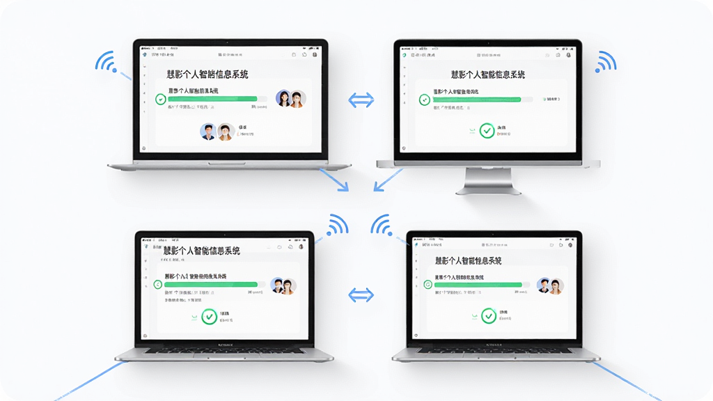 跨设备同步与协作场景图,主体为四台设备呈菱形排列,设备屏幕均显示“慧影个人智能信息系统”的同步进度条与完成状态,布局为对角线对称,排版强调连接与流转,风格为现代简约风,细节包括WiFi信号图标、双向箭头、用户头像组,画质为高清渲染,干净无多余元素