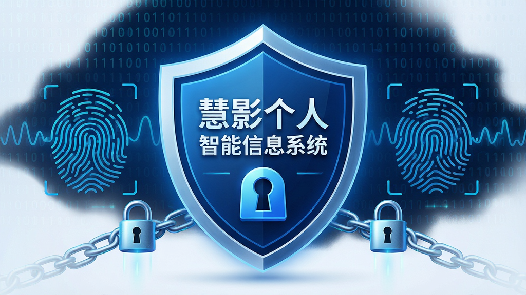 本地加密与隐私保护示意图,主体为一个带有盾牌与锁孔的安全图标,图标中央嵌入“慧影个人智能信息系统”文字,布局为居中对称,排版简洁有力,风格为安全科技风,细节包括二进制代码背景、指纹识别波纹、加密锁链元素,画质为4K超清,干净无多余元素