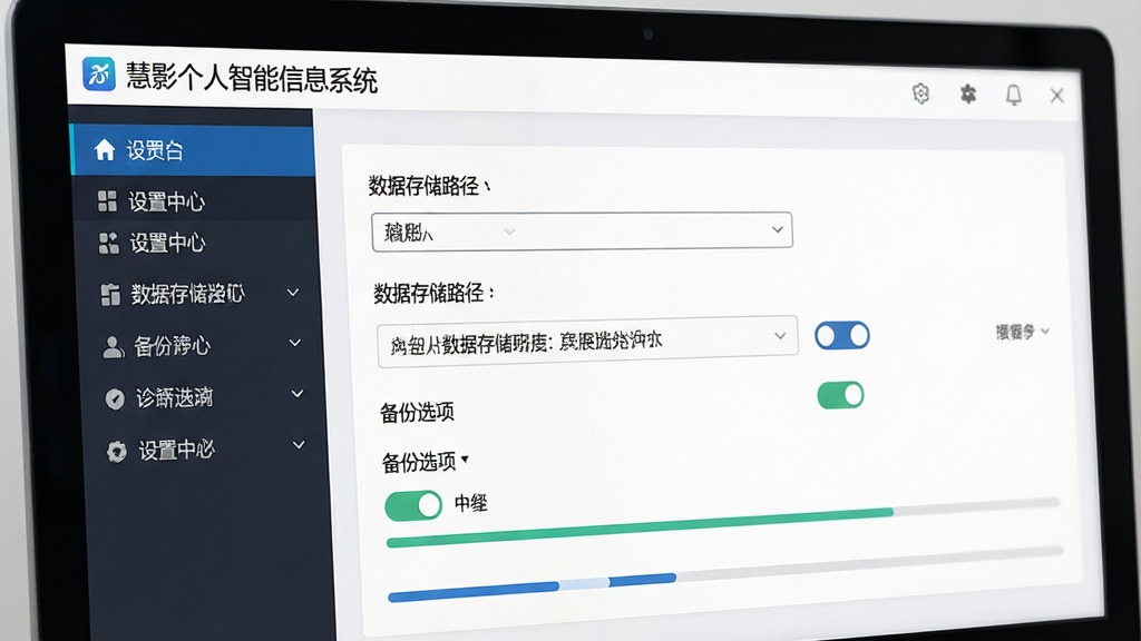 软件操作界面细节图,主体为电脑屏幕显示“慧影个人智能信息系统”的设置中心页面,布局为左侧菜单栏与右侧参数面板,排版突出数据存储路径与备份选项,风格为清晰商务风,细节包括下拉菜单、路径选择框、开关按钮与进度条,画质为2K高清,干净无多余元素
