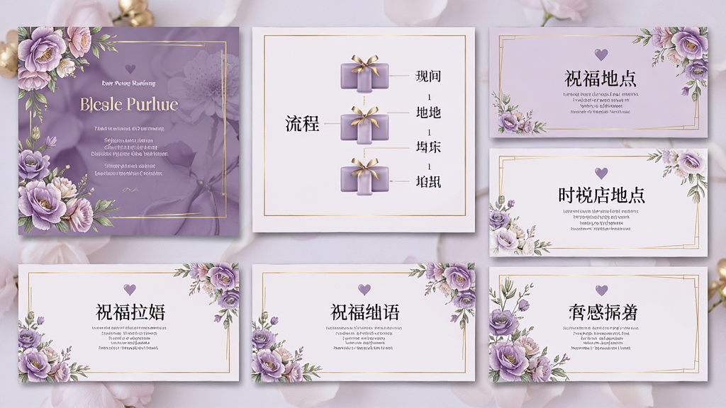 浪漫紫色婚礼请帖PPT模板多页面布局展示图,画面中并列排列六张不同版式的PPT页面,包括封面、流程、时间地点、祝福语等,统一使用紫色系配色,布局清晰,排版规整,风格浪漫轻奢,细节包含花艺元素和金色线条,画质高清,干净整洁,无多余元素