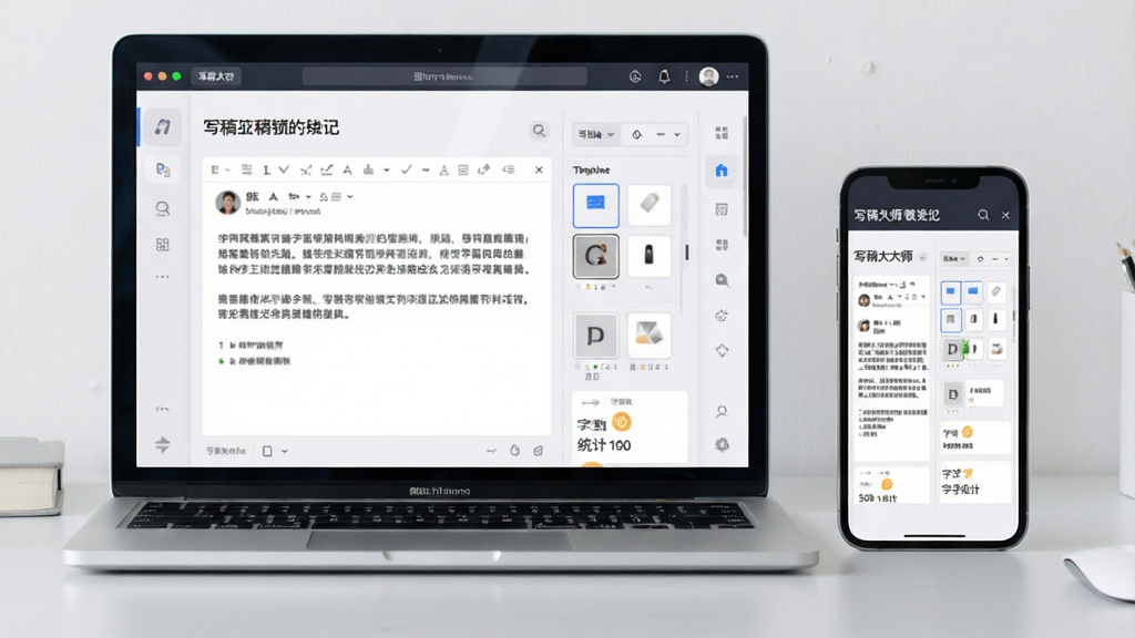 一张展示写稿大师软件界面的预览图,画面主体为一台打开的笔记本电脑和一部智能手机并排摆放,两块屏幕上均显示写稿大师的编辑界面,界面中包含标题栏、正文编辑区、模板选择侧栏和字数统计模块,布局整齐有序,排版采用左右分栏结构,风格为现代简约科技风,细节上屏幕有轻微反光,背景为干净的浅灰色桌面,画质清晰,整体干净,无多余元素。