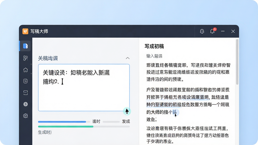 一张展示写稿大师智能生成初稿功能的预览图,画面主体为写稿大师软件界面特写,界面中央显示输入框内写着几个关键词,右侧自动生成一篇分段的文章初稿,布局为左右对照排版,风格为清爽办公风,细节上界面有光标闪烁效果和生成进度条,背景为淡蓝色渐变,画质清晰,干净,无多余元素。