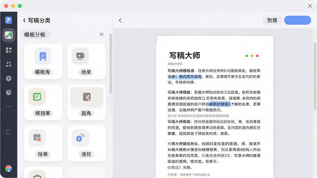 一张展示写稿大师模板库与排版辅助功能的预览图,画面主体为写稿大师软件界面,左侧为模板分类列表,右侧为编辑区展示排版后的文章效果,布局为左右分栏,风格为柔和圆角卡片风,细节上模板卡片带有小图标和分类标签,编辑区文字排列整齐,背景为浅白色,画质清晰,干净,无多余元素。