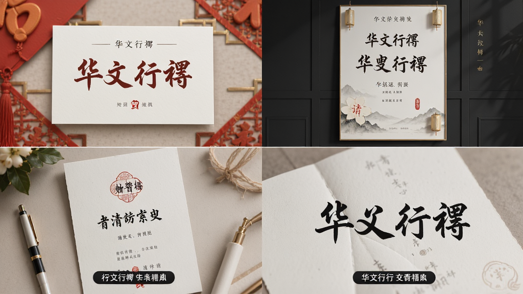 展示华文行楷在不同场景应用的拼贴图,主体为贺卡、海报、请柬、字幕四个场景的华文行楷应用示例,布局为2x2网格排列,排版整齐,风格为商业设计展示,细节包括各场景中字体的实际效果,画质高清,干净,无多余元素