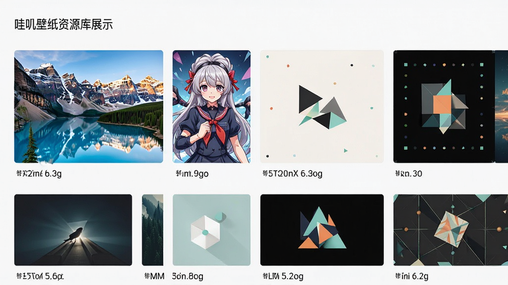 哇叽壁纸资源库界面展示,画面中呈现多排高清壁纸缩略图,包含雪山湖泊、动漫人物、极简几何图形等不同风格,每张缩略图下方标注分辨率信息,整体排版整齐,风格现代简约,画质细腻,干净无多余元素