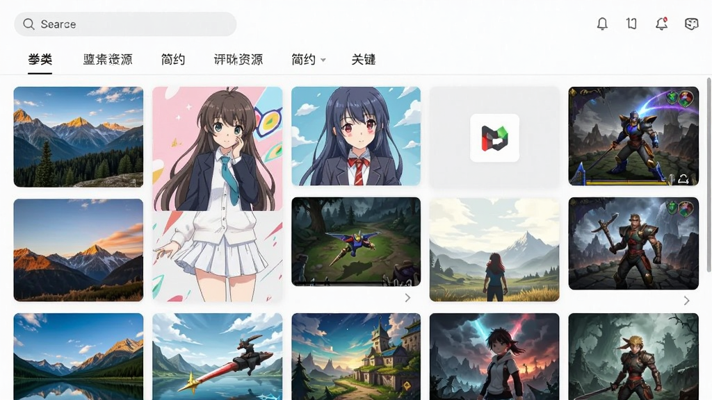 哇叽壁纸软件主界面截图,展示海量高清壁纸资源瀑布流布局,包含风景、动漫、简约、游戏等多种分类标签,界面顶部有搜索框和分类导航栏,整体风格清爽简洁,画质清晰,干净无多余元素