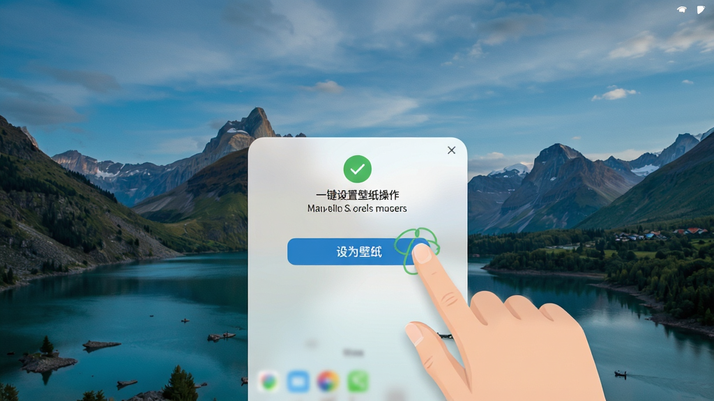 哇叽壁纸一键设置壁纸操作界面,画面展示用户点击设为壁纸按钮的瞬间,界面弹出设置成功提示,背景为一张高清风景壁纸,整体风格简洁友好,画质清晰,干净无多余元素