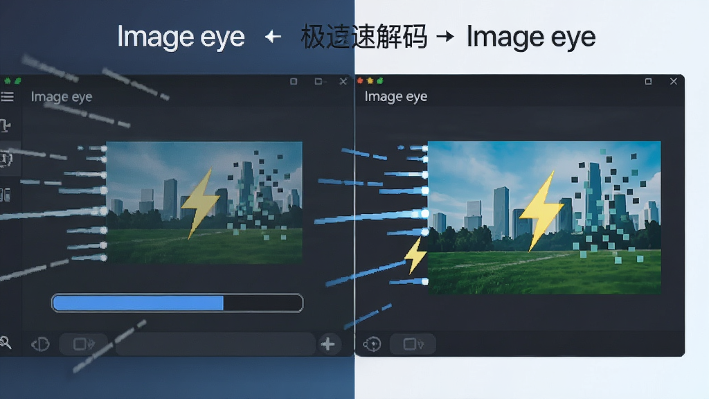 一张表现 Image eye 软件极速解码能力的示意图,主体为软件界面中一张高清图片正在飞速加载,布局为左右对比,左侧为普通软件加载进度条,右侧为 Image eye 瞬间显示完整图片,风格为扁平化科技插画,细节包括速度线、闪电图标、图片像素点,画质为高清,干净,无多余元素