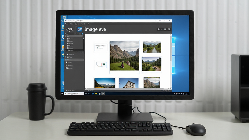 一张展示 Image eye 软件在 Windows 电脑上稳定运行的场景图,主体为电脑屏幕显示 Image eye 正在浏览图片,布局为桌面全景,风格为写实办公风格,细节包括键盘、鼠标、整洁桌面、软件界面清晰,画质为高清,干净,无多余元素