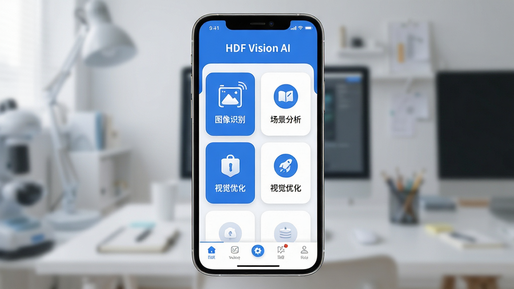 HDF Vision AI 软件主界面展示,画面中央为手机屏幕,屏幕内显示软件首页布局,顶部为软件名称