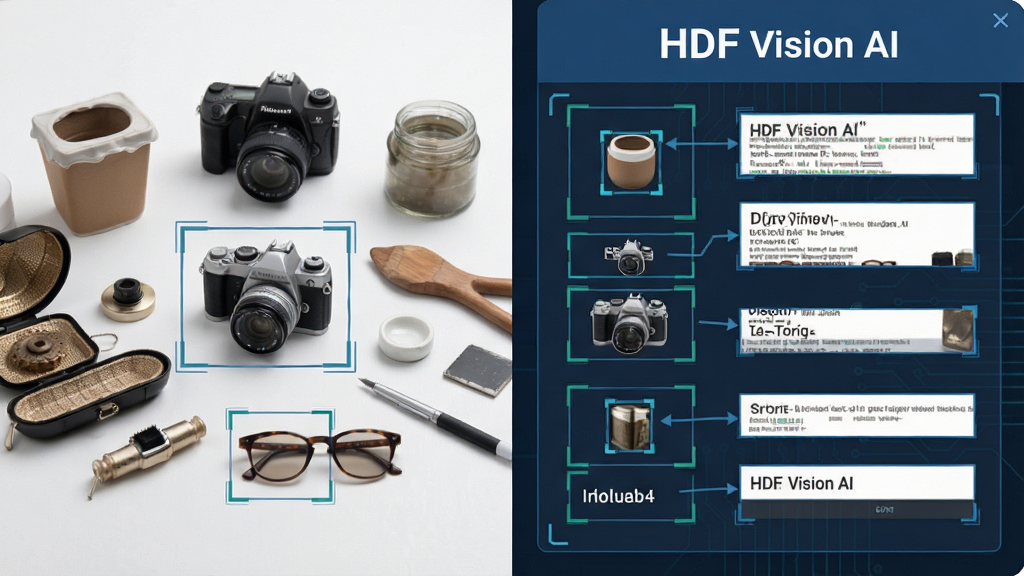 HDF Vision AI 智能图像识别功能展示,画面左侧为一张包含多种物体和文字的照片,右侧为识别后的结果面板,面板中标注了识别出的物体名称和提取的文字内容,顶部显示