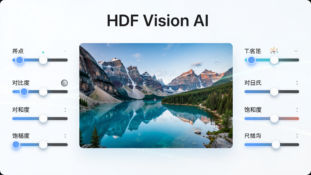 HDF Vision AI 视觉内容优化功能展示,画面中央为一张经过优化处理后的风景照片,照片四周分布着亮度、对比度、饱和度等调节滑块图标,顶部显示