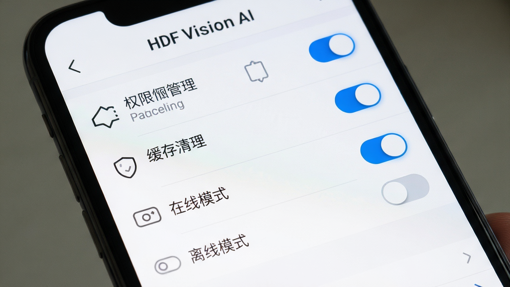 HDF Vision AI 移动端操作界面截图,画面为手机屏幕特写,屏幕中显示软件的设置页面,包含权限管理、缓存清理、离线模式开关等选项,顶部为