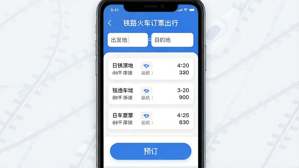 一款名为“铁路火车订票出行”的手机应用界面展示图,主体为手机屏幕内呈现火车票查询与订票页面,布局上屏幕居中,上方显示出发地与目的地输入框,中间列出多趟列车车次与时间,下方有醒目的预订按钮,排版清晰有序,风格为现代简约扁平化设计,细节包括蓝色主色调、白色卡片、圆角按钮、清晰的文字标识,画质高清,画面干净,无多余元素