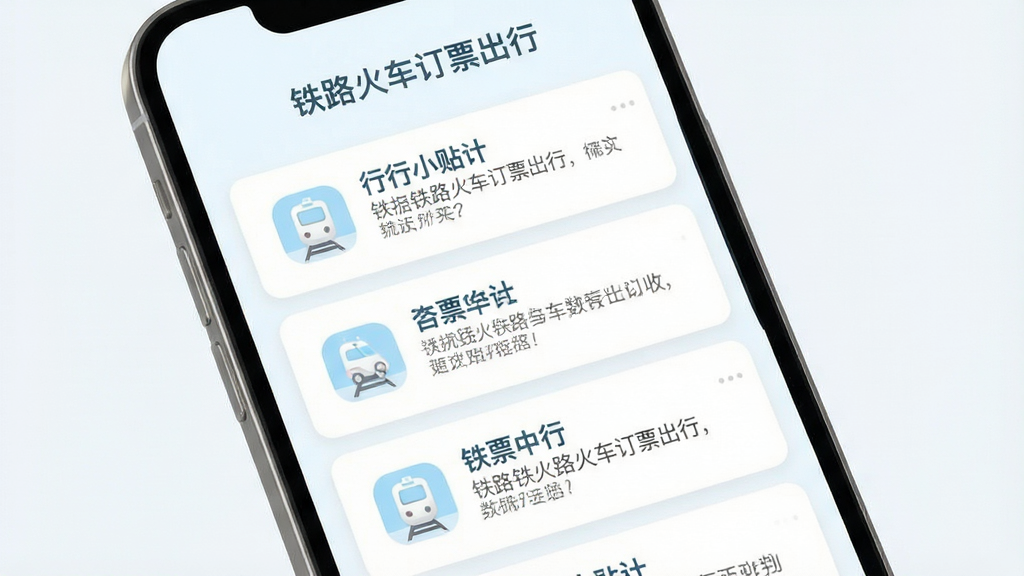 一幅展示“铁路火车订票出行”资讯板块的界面图,主体为手机屏幕内呈现出行小贴士图文卡片,布局为垂直滚动列表,排版宽松易读,风格为清新浅色系设计,细节包括淡蓝色标题、灰色正文、圆角图标、白色卡片,画质清晰,画面干净,无多余元素
