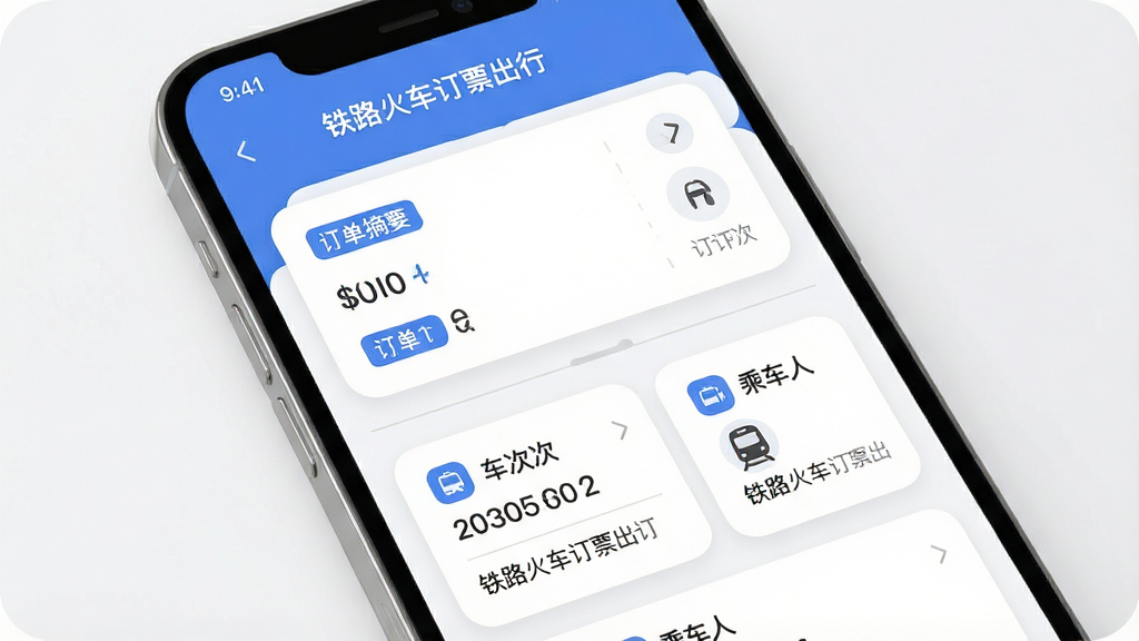 一张“铁路火车订票出行”订单管理界面的展示图,主体为手机屏幕显示订单列表与详情卡片,布局为上下结构,上方为订单摘要,下方为具体车次信息与乘车人,排版清晰,风格为柔和圆角卡片式设计,细节包括蓝色标签、灰色分割线、白色背景、圆角图标,画质细腻,画面干净,无多余元素