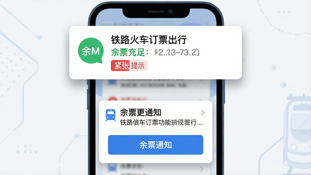 一幅表现“铁路火车订票出行”余票提醒功能的插画,主体为手机屏幕弹出余票更新通知,布局为手机居中、通知卡片悬浮于界面上方,排版简洁,风格为扁平化科技感设计,细节包括绿色余票充足标识、红色紧张提示、蓝色按钮、白色卡片阴影,画质高清,画面干净,无多余元素