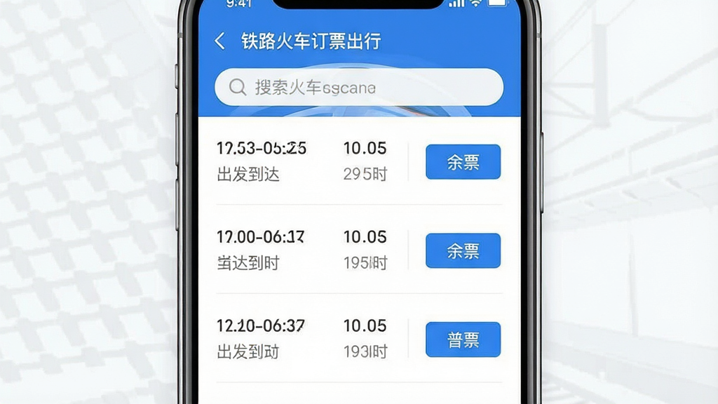 一张展示“铁路火车订票出行”应用内车次列表页面的场景图,主体为手机屏幕显示多趟高铁与普速列车信息,布局为垂直列表形式,顶部有搜索栏,中间每行显示车次号、出发到达时间、历时与余票按钮,排版整齐,风格为清爽明亮的移动端UI风格,细节包括蓝色高亮选中状态、灰色辅助文字、白色背景,画质清晰,画面干净,无多余元素