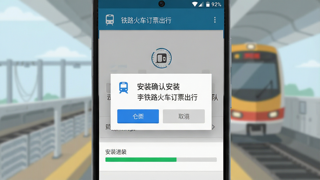 一幅展示安卓手机安装“铁路火车订票出行”过程的示意图,主体为手机屏幕显示安装权限确认弹窗与安装进度条,布局为手机居中、弹窗位于屏幕中央,排版简洁明了,风格为扁平化系统UI风格,细节包括蓝色确认按钮、灰色取消按钮、白色弹窗背景、清晰的文字说明,画质高清,画面干净,无多余元素
