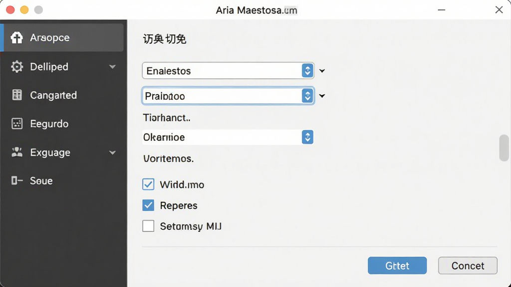 Aria Maestosa软件设置界面截图,主体为音频设备选择与语言切换面板,布局为左侧菜单右侧选项,风格为简洁软件界面,细节包含下拉菜单、复选框、确定取消按钮,画质高清,干净,无多余元素。