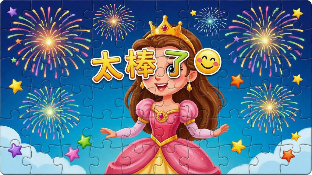 儿童拼图完成庆祝画面,画面中拼图完整显示为一位漂亮公主,周围绽放彩色烟花和星星,布局为全屏展示,排版喜庆,风格为卡通插画,细节包括屏幕中央显示“太棒了”字样和笑脸图标,画质高清,干净,无多余元素