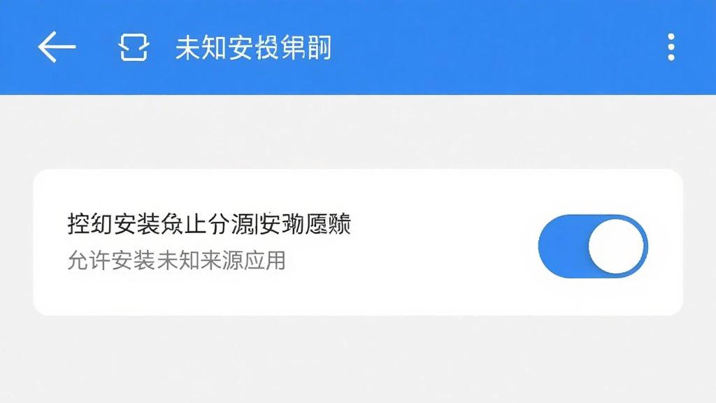 手机安全设置界面展示允许安装未知来源应用的开关按钮,布局为竖屏手机截图风格,排版简洁明了,风格为扁平化UI设计,细节包括高亮显示的开关按钮和提示文字,画质清晰,干净,无多余元素