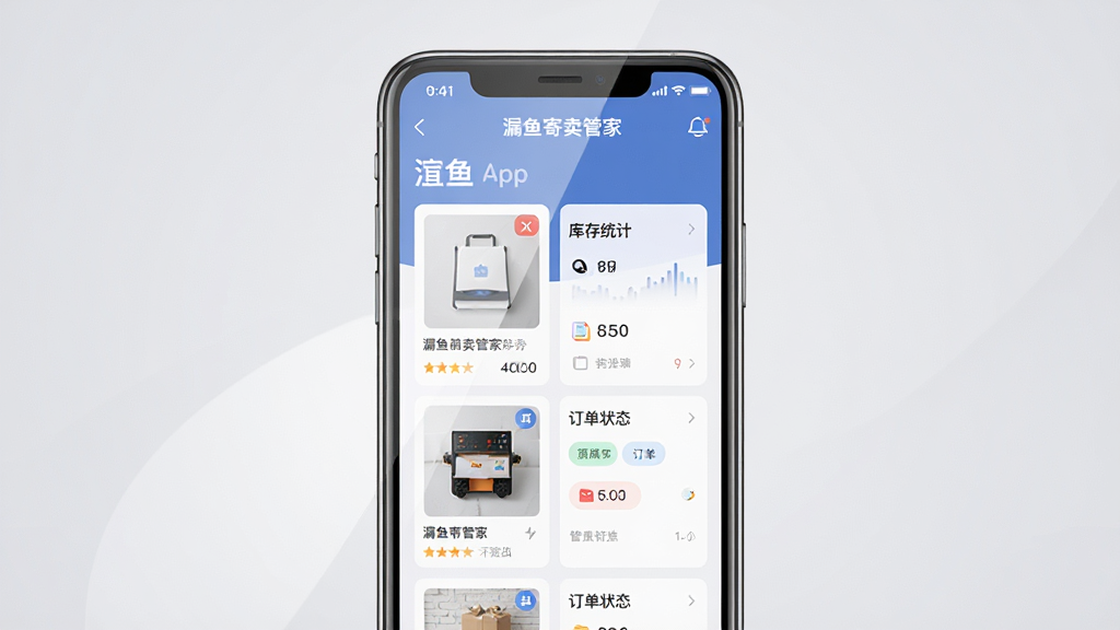 漏鱼寄卖管家应用界面全貌展示,画面主体为一部智能手机,屏幕显示漏鱼寄卖管家APP的主页界面,界面中包含商品列表、库存统计卡片和订单状态标签,布局为居中展示手机正面,背景为浅灰色渐变,风格为扁平化科技风,细节上手机屏幕有轻微反光效果,界面文字清晰可见显示“漏鱼寄卖管家”字样,画质为高清1080p,干净无多余元素