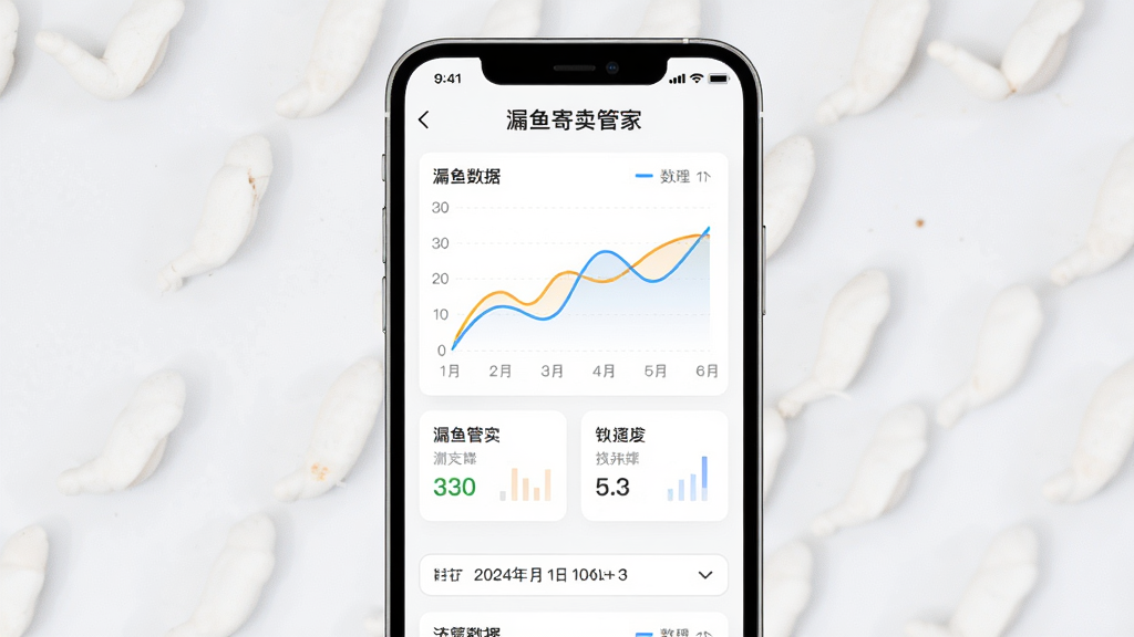 漏鱼寄卖管家数据统计报表界面,画面主体为手机屏幕显示经营数据图表,布局为手机居中展示,风格为现代简约风,细节上包含折线图、数据卡片和日期筛选器,屏幕上方显示“漏鱼寄卖管家”文字,画质高清,干净无多余元素