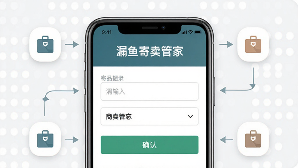 漏鱼寄卖管家商品寄卖管理功能特写,画面主体为手机屏幕显示商品录入界面,布局为手机居中、周围环绕商品图标和流程箭头,风格为简约商务风,细节上界面包含输入框、下拉菜单和确认按钮,屏幕上方显示“漏鱼寄卖管家”文字标识,画质高清,干净无多余元素