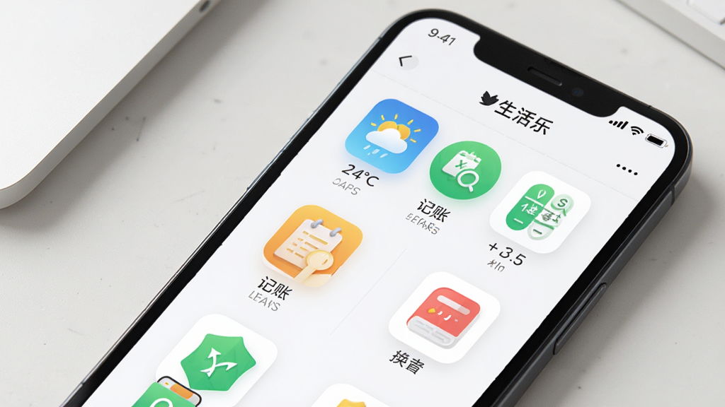 一张展示生活乐实用工具集合的图片,画面为手机屏幕特写,屏幕内显示生活乐APP的工具页面,包含天气、记账、换算等图标,背景为简洁的浅色桌面,风格现代科技感,细节清晰,画质干净,无多余元素