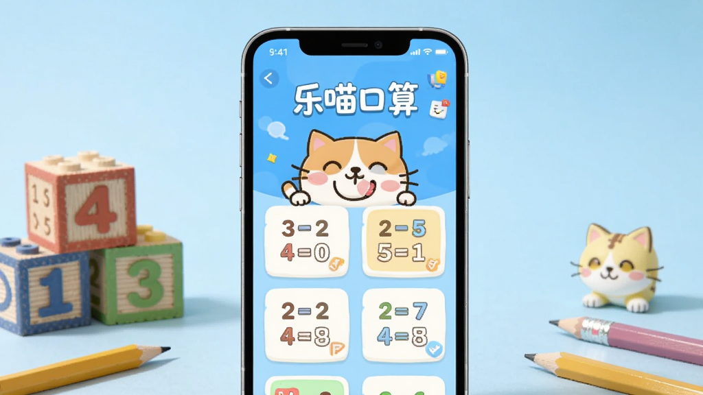 画面中央展示一部智能手机,手机屏幕内呈现“乐喵口算”应用主界面,界面中有卡通猫形象与算术题目卡片,手机周围散落数字积木与铅笔元素,背景为浅蓝色渐变,整体风格清新明快,细节干净,画质清晰,无多余元素