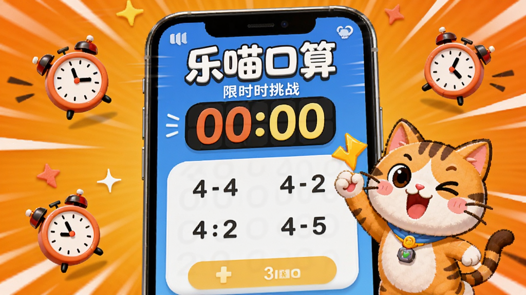 画面中心为“乐喵口算”限时挑战界面,手机屏幕显示倒计时数字与算术题,周围有速度线和小闹钟图标,卡通猫在旁加油,背景为橙色渐变,风格动感,画质清晰,无多余元素