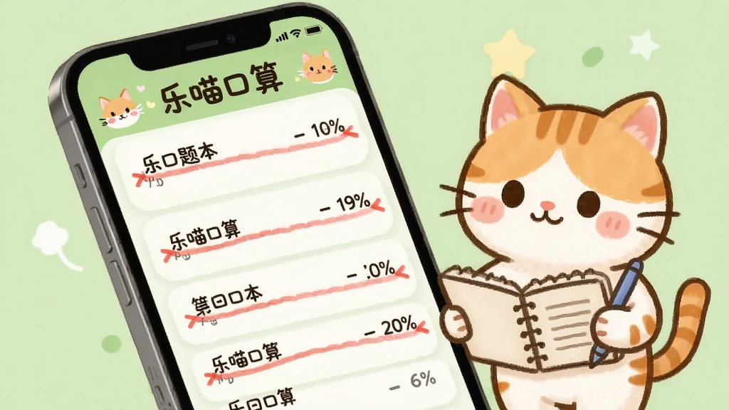 画面展示“乐喵口算”错题本界面,手机屏幕内列出带有红色标记的错题列表,旁边有卡通猫拿着笔记本记录,背景为浅绿色,风格温和,细节干净,画质清晰,无多余元素