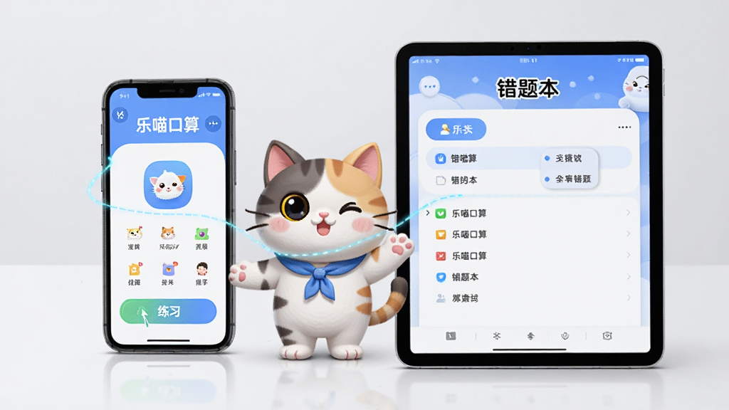 画面展示“乐喵口算”在手机与平板上的使用场景,左侧手机显示练习界面,右侧平板显示错题本,中间有卡通猫连接两台设备,背景为浅灰色,风格科技感,细节清晰,画质干净,无多余元素