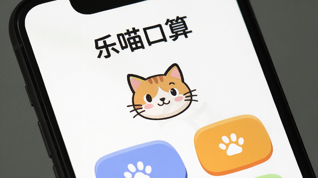 画面为“乐喵口算”主界面特写,手机屏幕干净简洁,仅有几个大按钮和卡通猫头像,背景为纯白色,风格极简,画质清晰,无多余元素