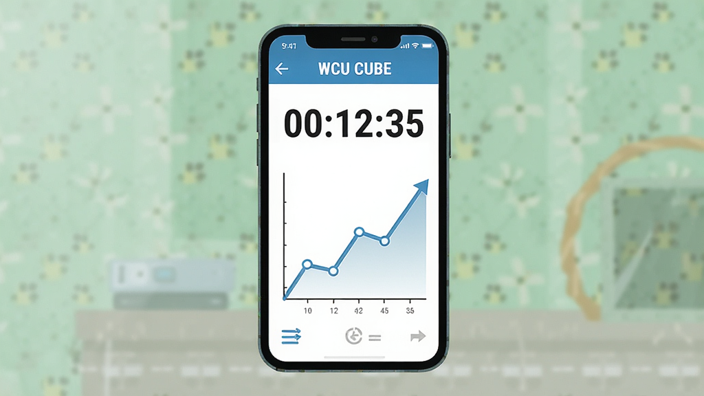 一幅展示手机屏幕上WCU CUBE应用内计时器与成绩曲线图的场景插画,主体为手机界面,布局居中,风格为扁平化UI设计,细节包括计时数字“00:12:35”和上升趋势的折线图,画质高清,干净无多余元素,图片中文字标注“WCU CUBE”