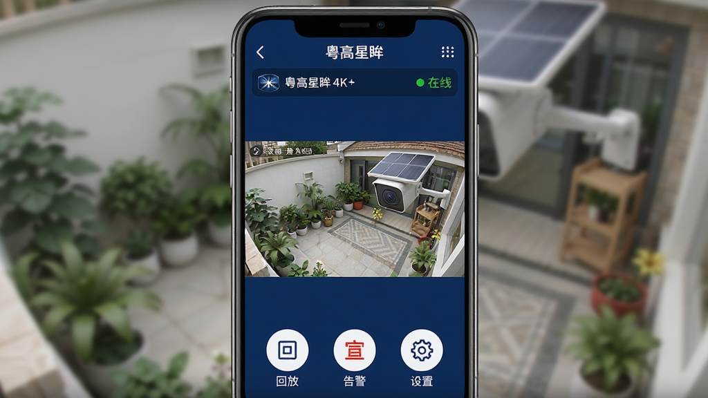 手机屏幕竖版构图,画面中央展示“粤高星眸”软件监控预览界面,顶部显示设备名称与在线状态,中部为户外太阳能摄像头拍摄的庭院实时画面,底部排列回放、告警、设置等圆形图标按钮。整体采用深蓝与白色科技风配色,布局干净整齐,细节清晰,4K画质,干净无多余元素。