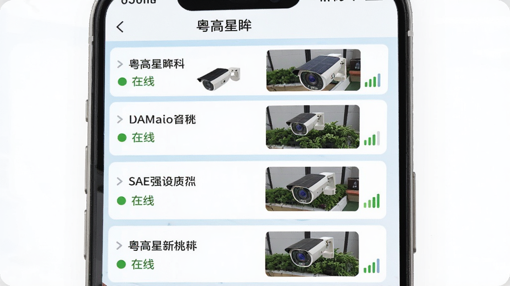 手机屏幕展示“粤高星眸”设备管理列表页,垂直排列四台太阳能摄像头的卡片,每张卡片包含设备名称、在线状态圆点、画面缩略图与信号强度图标。界面采用白色背景与浅蓝色分割线,布局整齐,风格清爽简约,细节到位,4K画质,干净无多余元素。